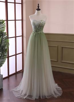 Picture of Light Green Gradient Tulle Long Formal Dresses, Green Beaded Sweetheart Prom Dress
